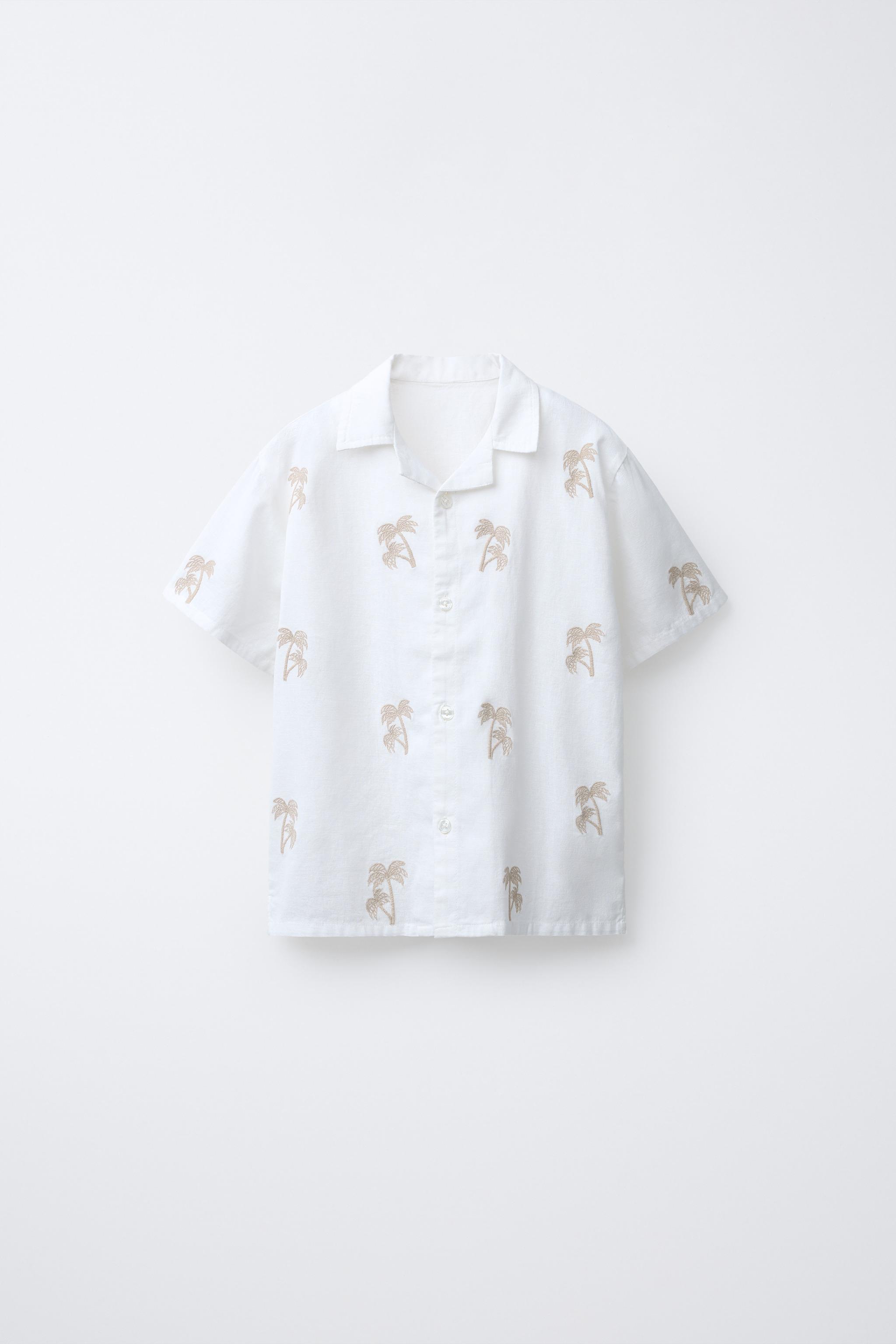 COTTON AND LINEN BOWLING SHIRT WITH EMBROIDERED PALM TREES - Ecru