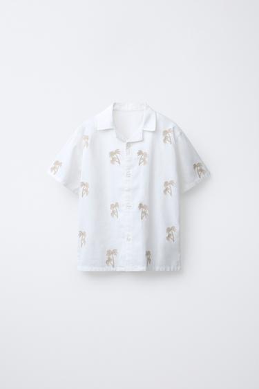 COTTON AND LINEN BOWLING SHIRT WITH EMBROIDERED PALM TREES - Ecru by Zara - Image 0