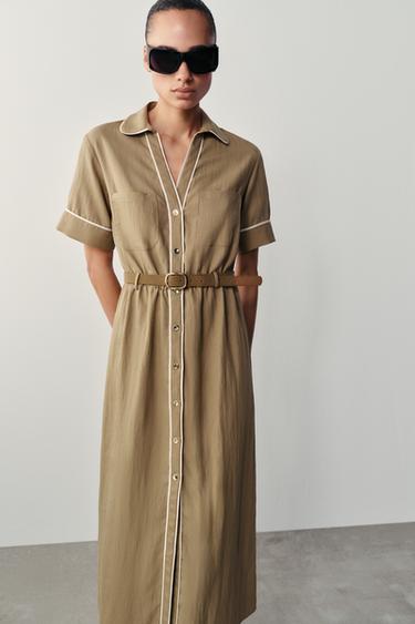 Zara MIDI HALJINA S KONTRASTNIM OBRUBIMA I REMENOM – boja tamne devine dlake