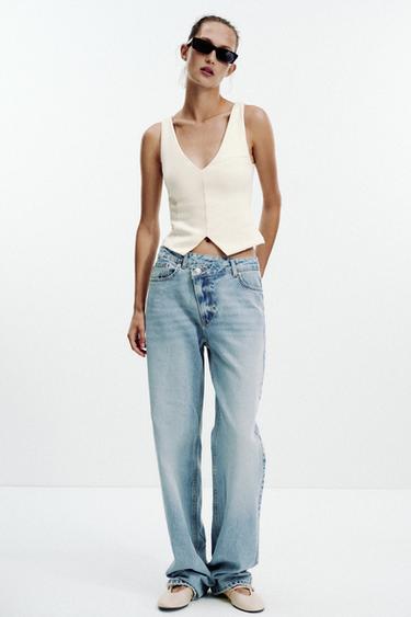 Zara V-NECK INTERLOCK TOP - Ecru