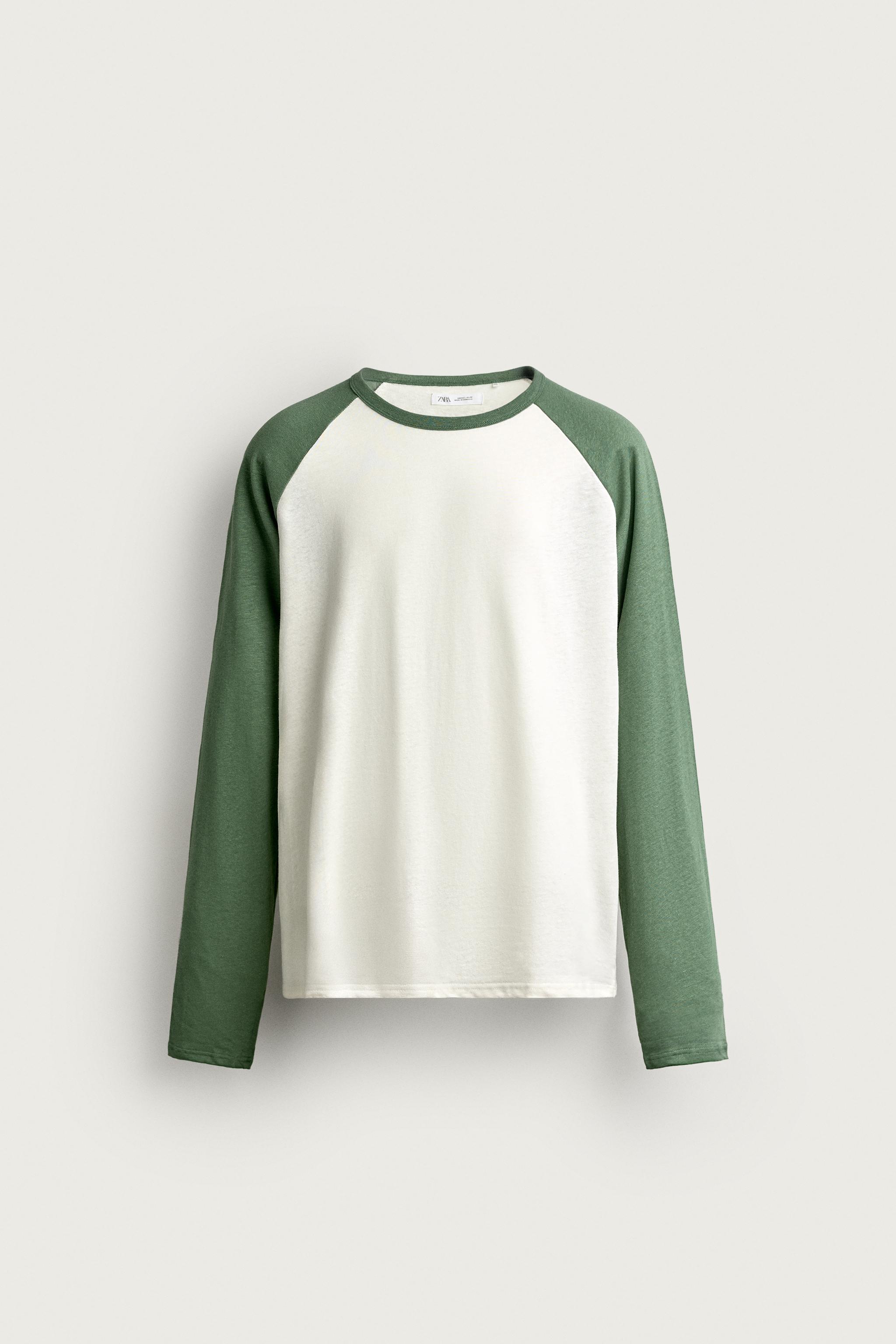 COLOR BLOCK LINEN-COTTON T-SHIRT — Ecru / Green
