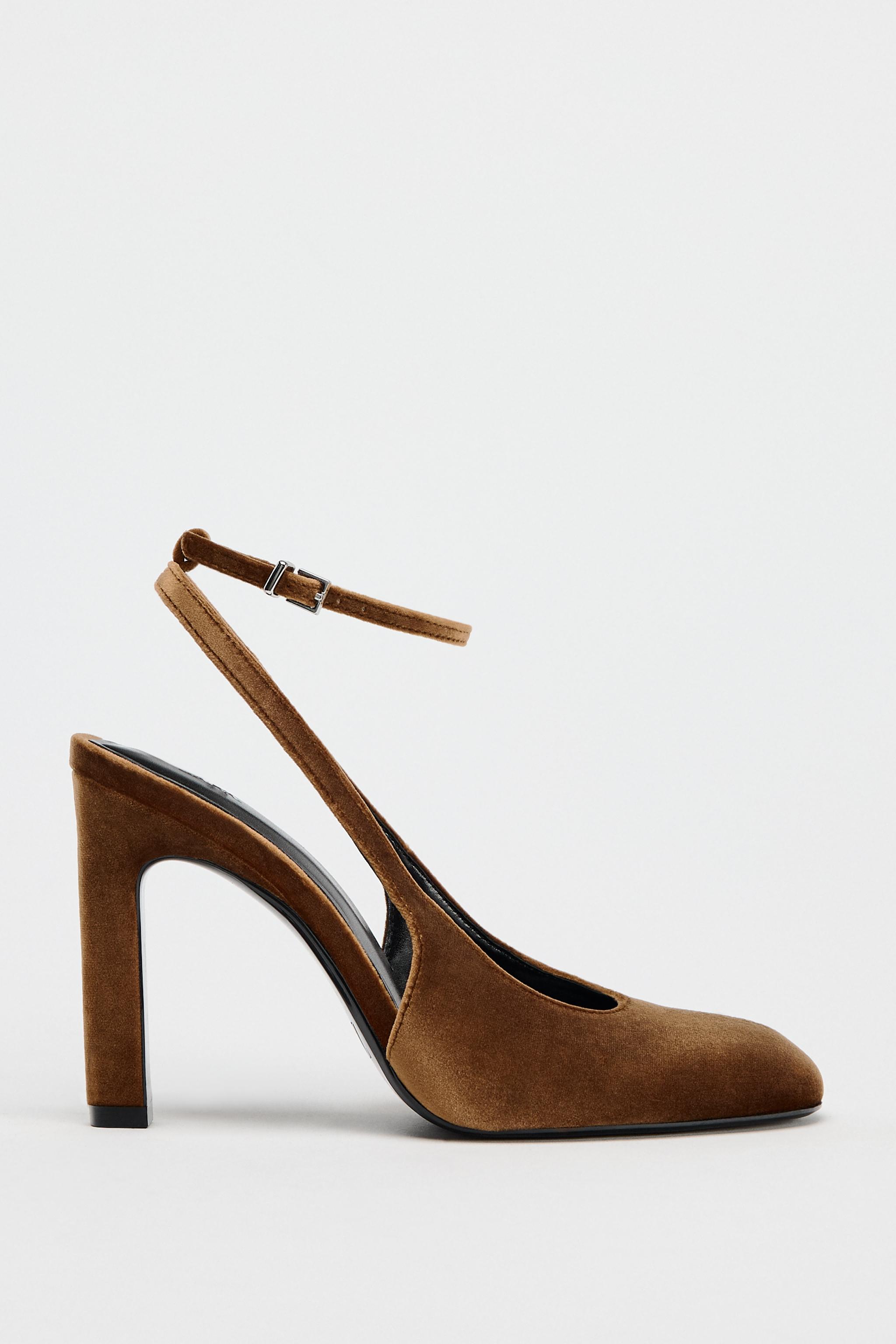 【ZARA】ベルベット風アンクルストラップ ハイヒールシューズ ベルベット風アンクルストラップ ハイヒールシューズ - オークル