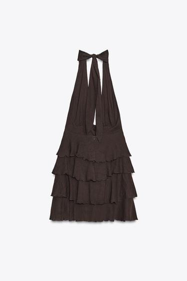 RUFFLED SHORT GAUZE DRESS - Brown by Zara - Image 4