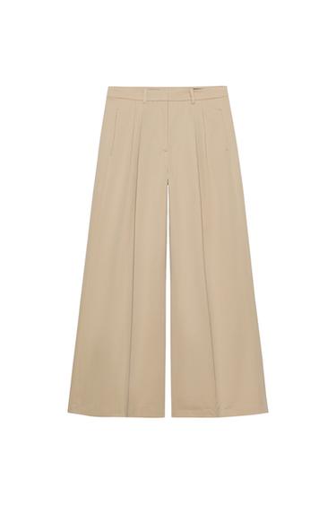 Zara ZW COLLECTION PLEATED WIDE LEG PANTS - Beige