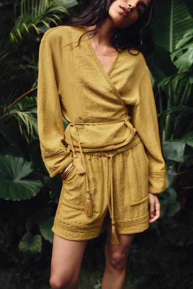 LACE TRIM CROSSOVER JACKET - Mustard by Zara