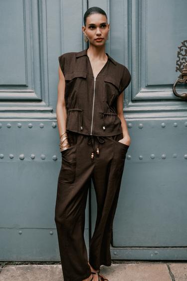 PANTALÓN CON LINO CORDÓN ABALORIOS - Marrón de Zara