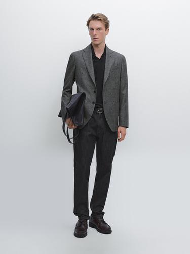 Americana cuadro estructura mezcla lana - Gris de Zara