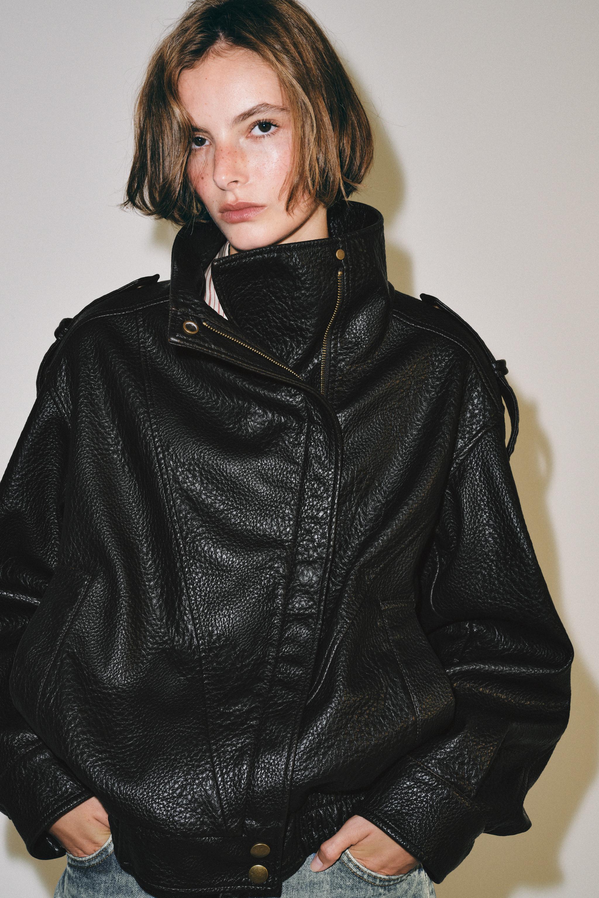 Zara Suni Deri Bomber Ceket görsel 4
