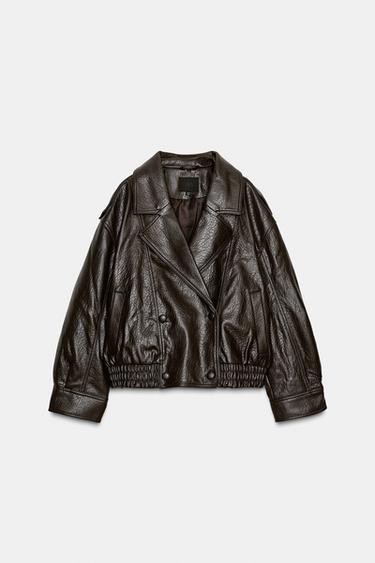 Zara FAUX LEATHER JACKET WITH REMOVABLE COLLAR - Dark brown