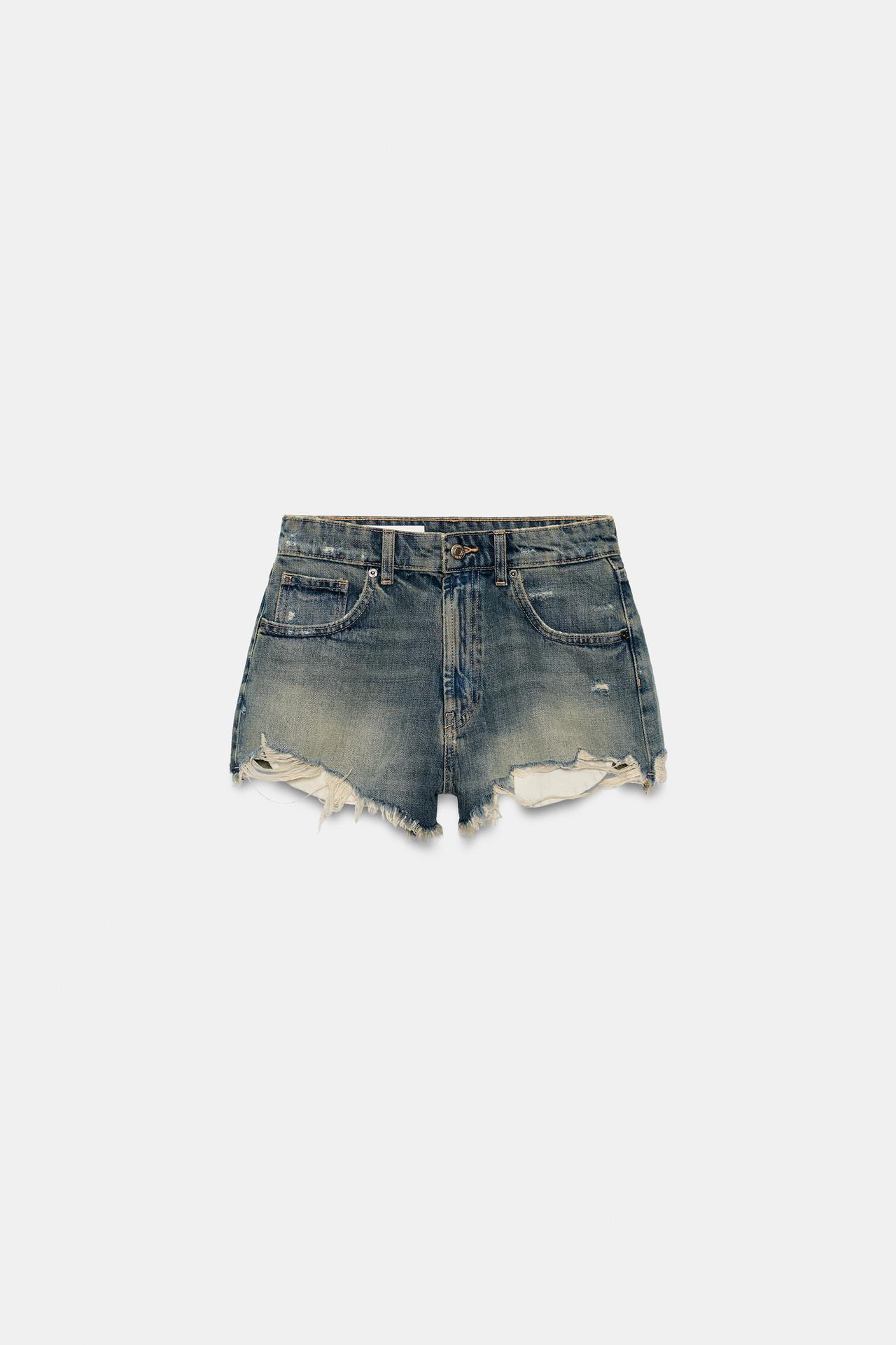 TRF HIGH RISE RIPPED DENIM SHORTS — Blue / Gray