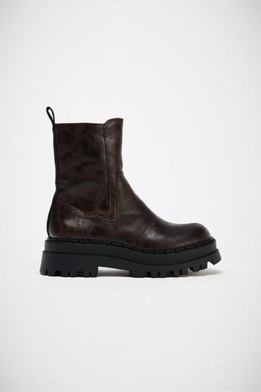 DISTRESSED-EFFECT PLATFORM ANKLE BOOTS - Brown by Zara