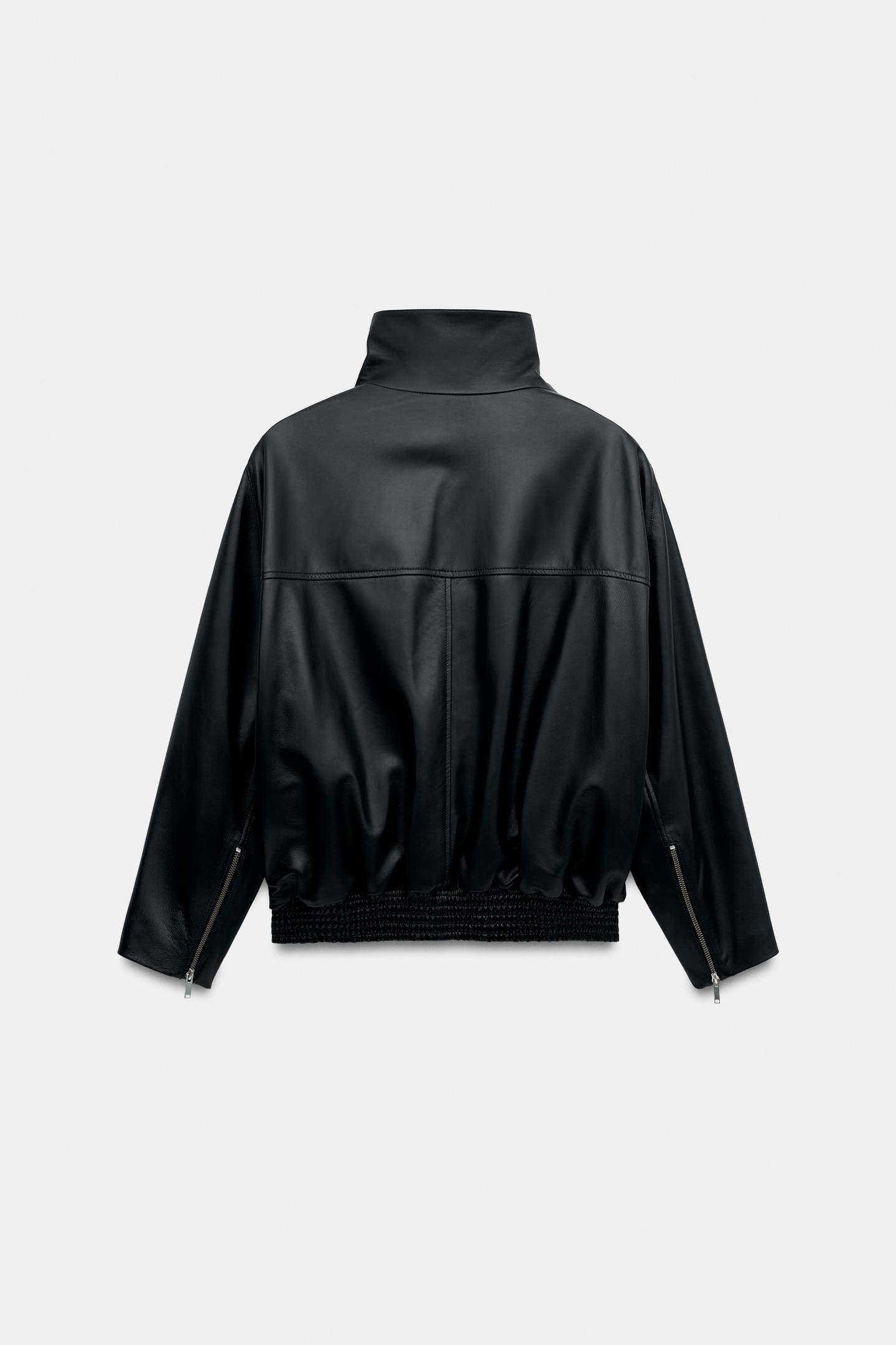 Женская куртка Zara 100% Leather Zip-Up Jacket ZW Collection, цвет: Чёрный — фото 6
