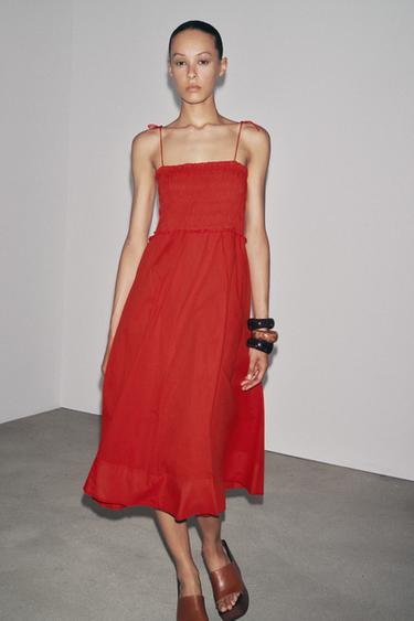 Zara ZW COLLECTION COTTON MIDI DRESS - Red