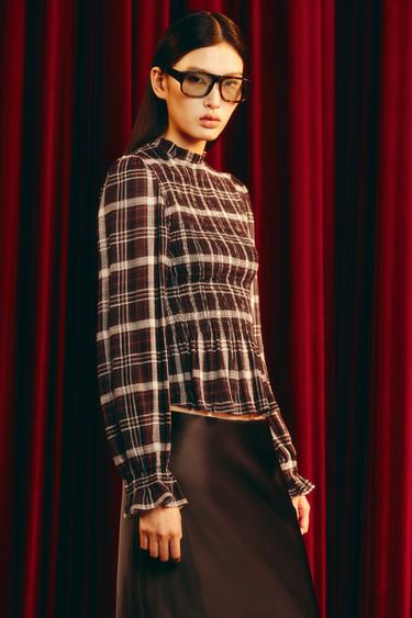 Zara 方格皺褶繡襯衫 - 棕色 / 裸色
