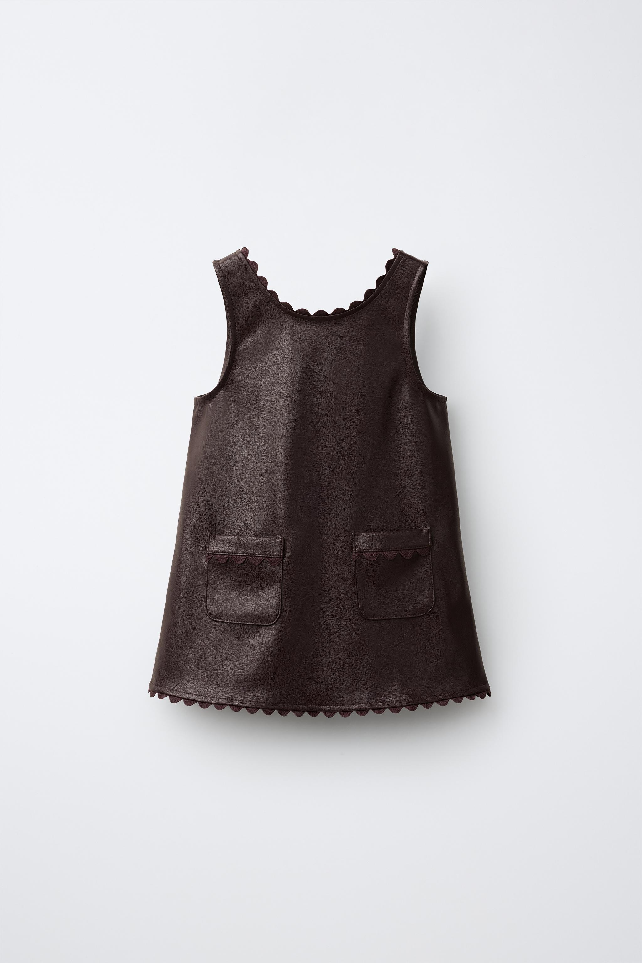 FAUX LEATHER RIC-RAC PINAFORE DRESS — Eggplant