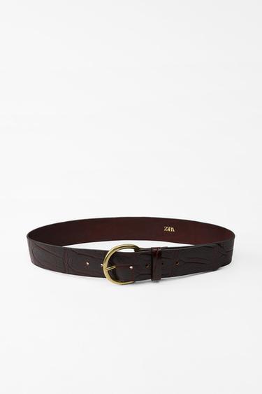 EMBOSSED LEATHER BELT - Maroon by Zara