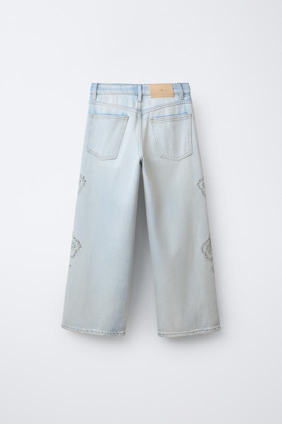 ワイドレッグラインストーンフラワーデニムパンツ - ブルー | ZARA 