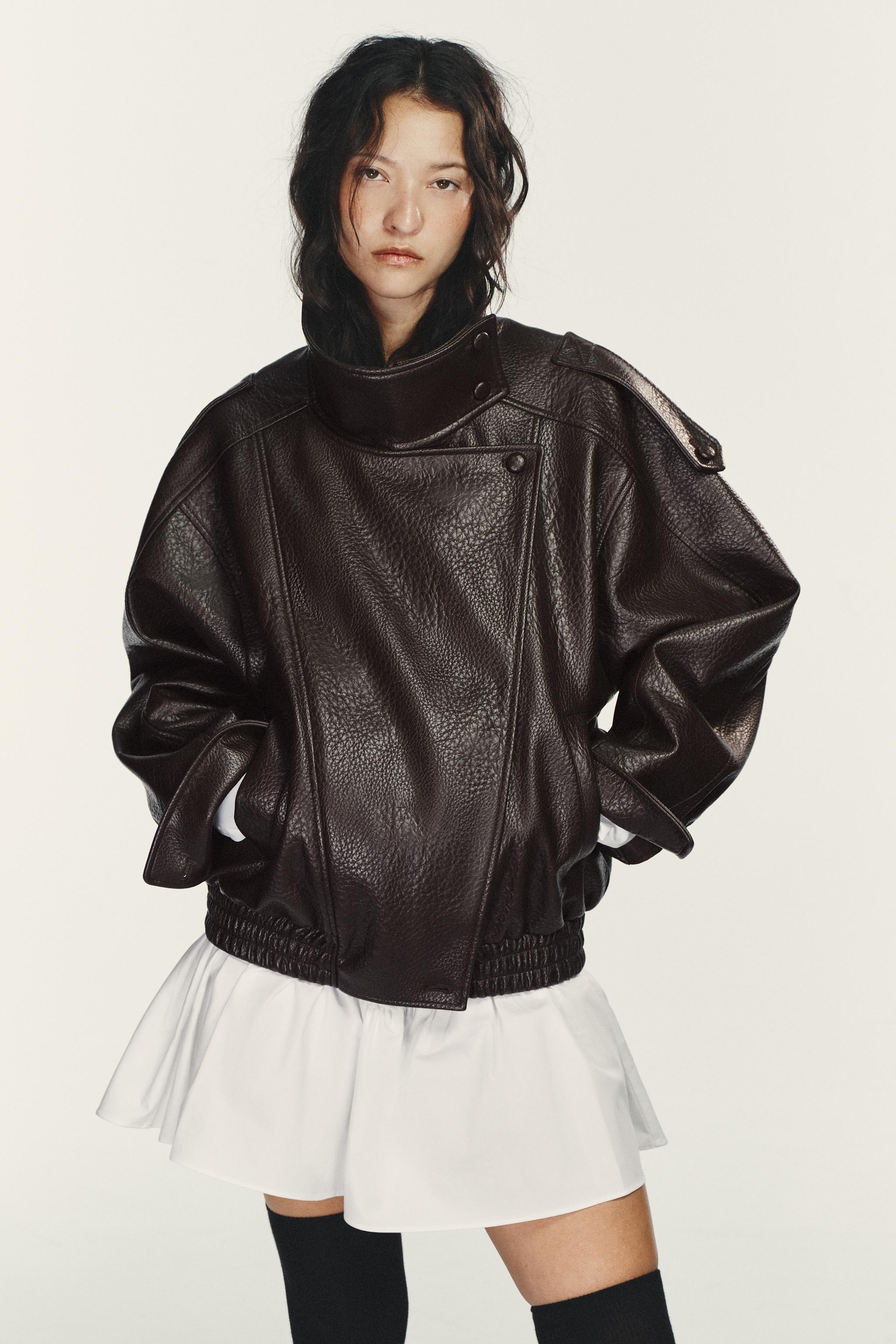 ZARA ダークブラウン レザー ジャケット ポケット付きレザーフライトジャケット - ダークブラウン | ZARA Japan