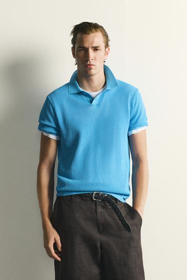 OPEN-KNIT TEXTURED POLO SHIRT - Light blue by Zara