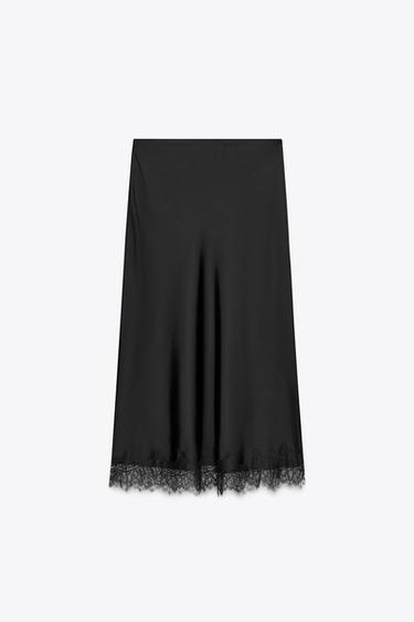 JUPE MIDI SATINÉE DENTELLE - Noir de Zara - Image 4