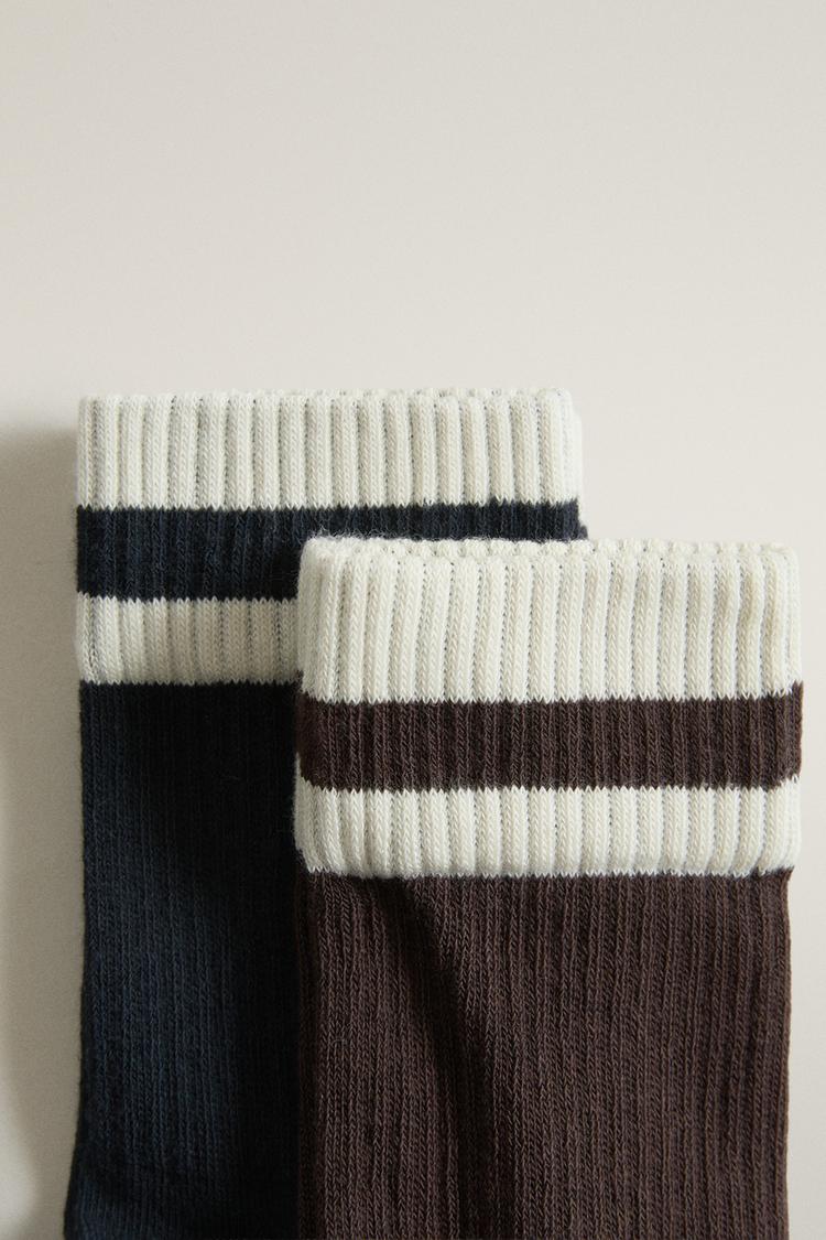 COTTON STRIPE SOCKS (2-PACK) — Brown-Blue