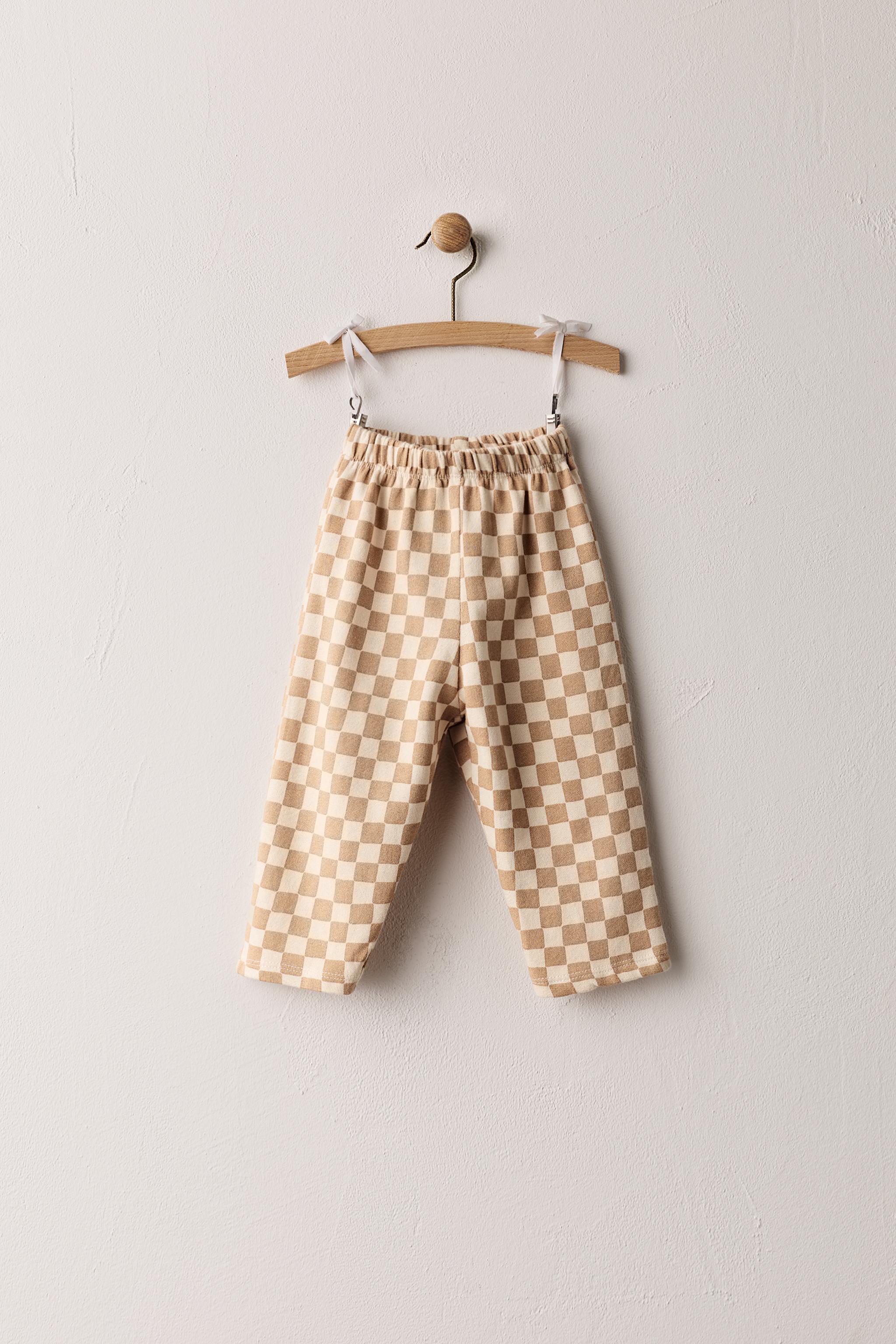 CHECKERBOARD BAGGY PANTS — taupe brown