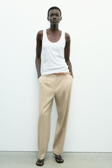 LINEN STRAIGHT-LEG TROUSERS WITH BELT - camel by Zara - Image 0