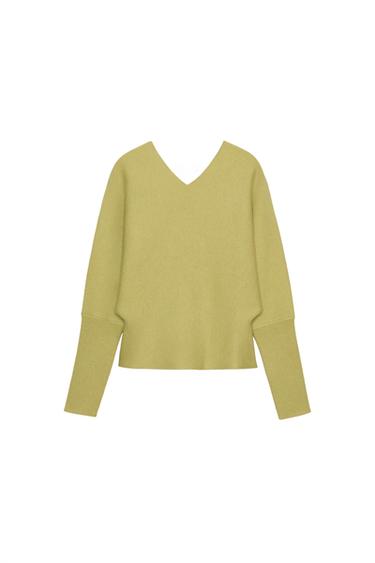 STRIKKET SWEATER MED V-HALS - lys grøn fra Zara