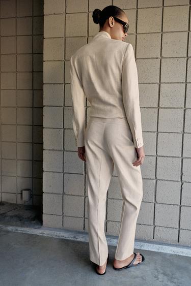 SLIM FIT LINEN BLEND CROPPED TROUSERS - Light beige by Zara - Image 5