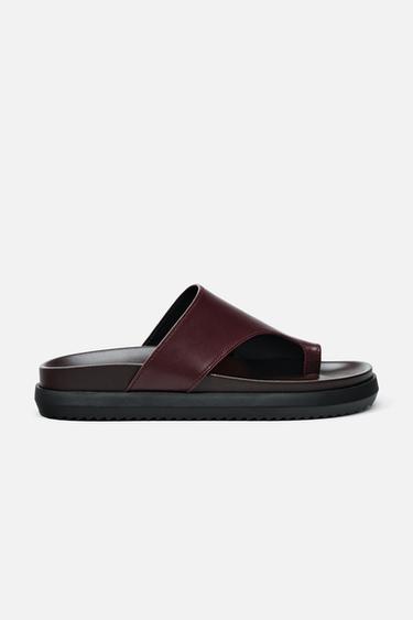 FLAT LEATHER SLIDER SANDALS - Burgundy Red by Zara