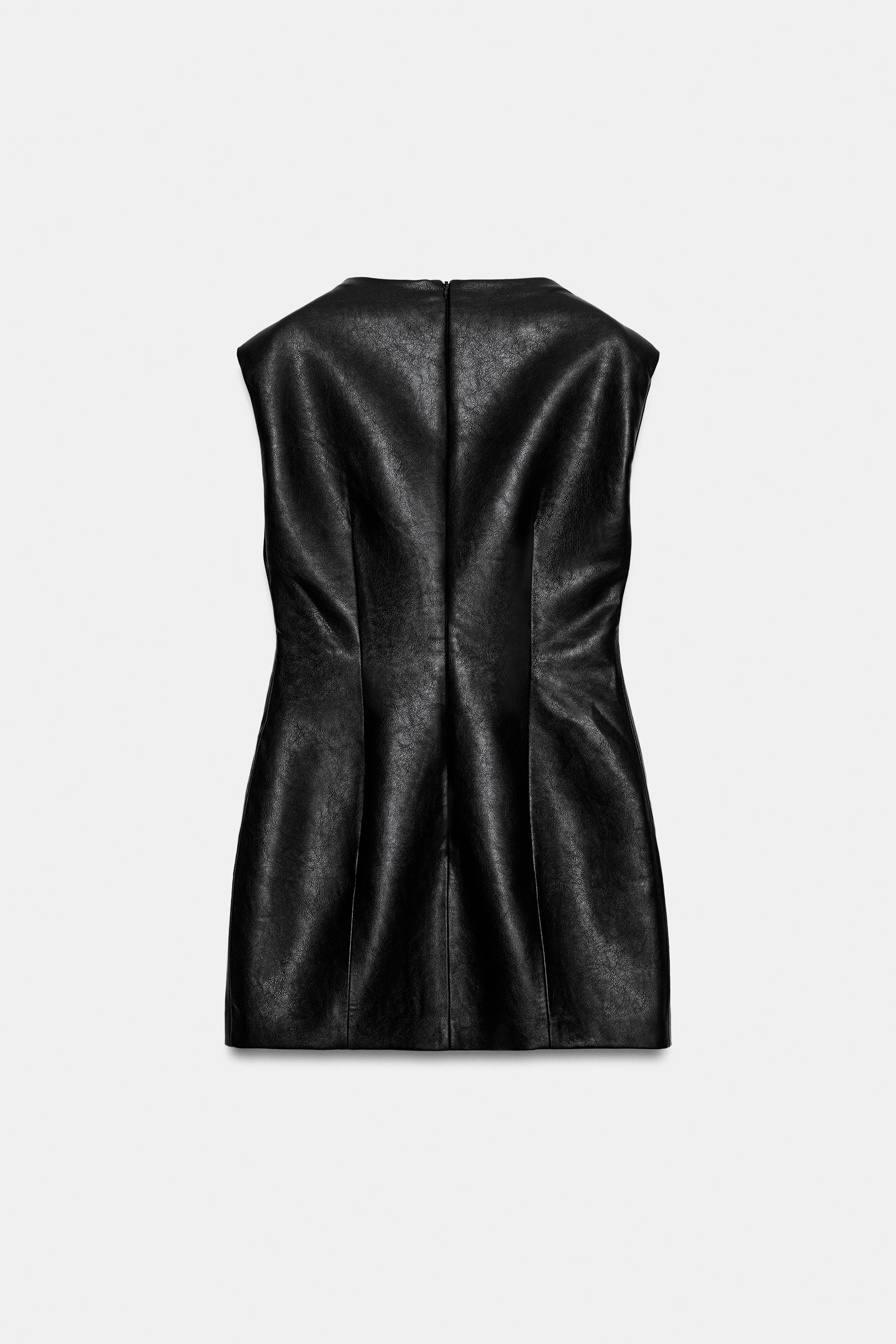 black leather dress with zipper FAUX SHOULDER PADS - Long sleeve