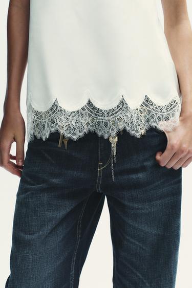 SATINTOP MIT SPITZE IM BANDEAU-STIL - Cremefarben von Zara