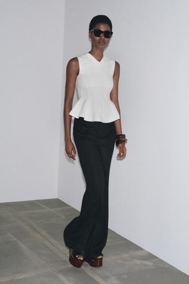 Zara SLEEVELESS INTERLOCK PEPLUM TOP - White