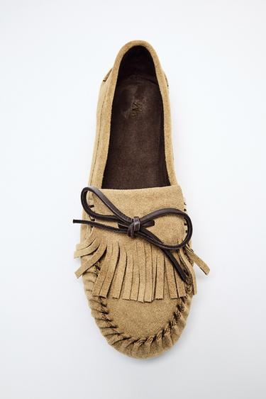 Zara LEATHER FRINGED LOAFERS - Beige