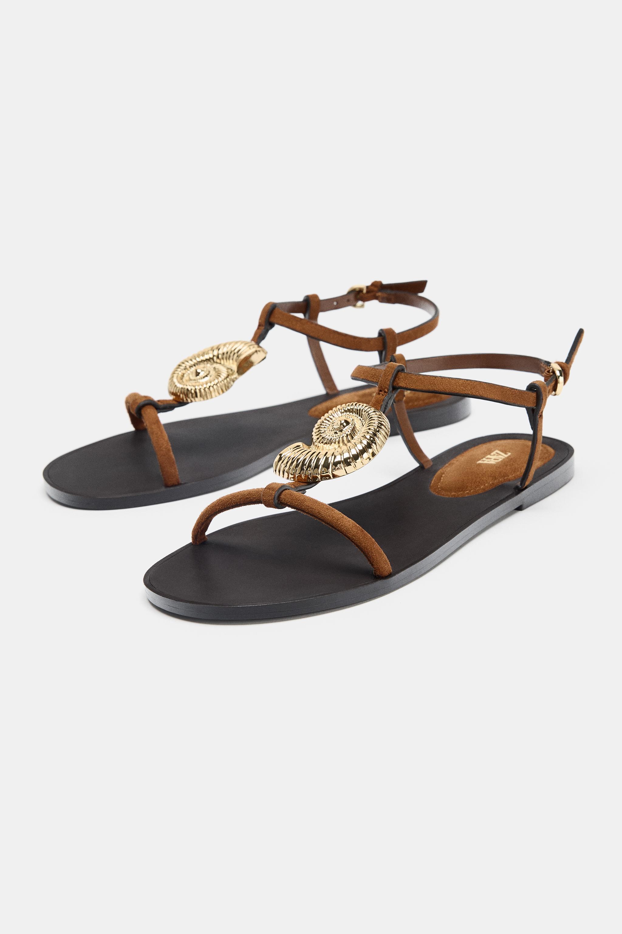 FLAT SANDALS WITH METAL EMBELLISHMENT - Brown | ZARA South Africa