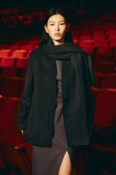 Zara 羊毛混紡圍巾西裝外套 ZW COLLECTION - 斑紋灰色