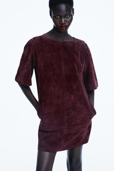 ROBE COURTE 100% CUIR DAIM - Bordeaux de Zara