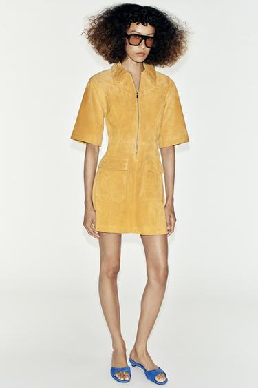 100% LEATHER ZIP MINI DRESS - Mustard by Zara - Image 0
