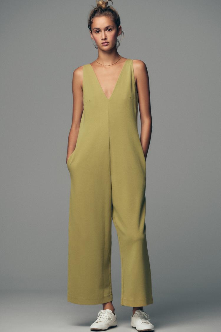 WASHED INTERLOCK JUMPSUIT Olive Green ZARA India - Main Image
