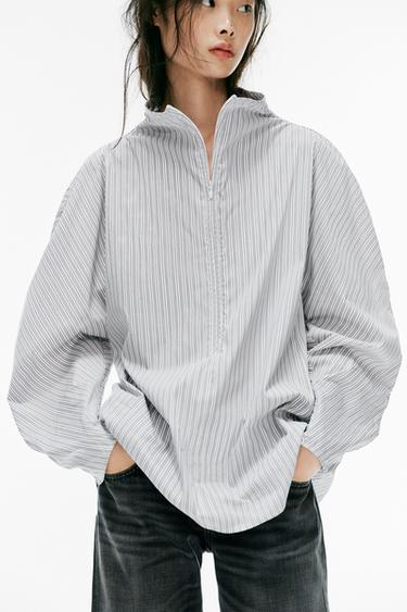STRIPED POPLIN SHIRT WITH VOLUME — White / Gray 1
