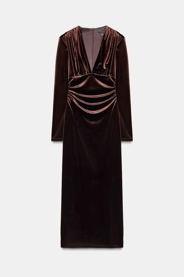 VESTIDO MIDI VELVET DRAPEADO - Marrón oscuro de Zara