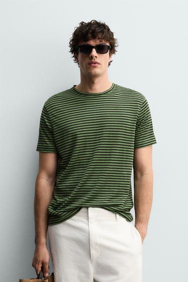 REGULAR FIT STRIPED LINEN BLEND T-SHIRT - Brown / Green by Zara