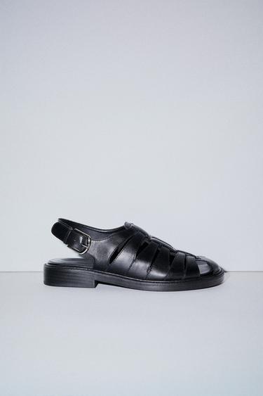 Zara LEATHER OPEN BACK FISHERMAN SANDALS - Black
