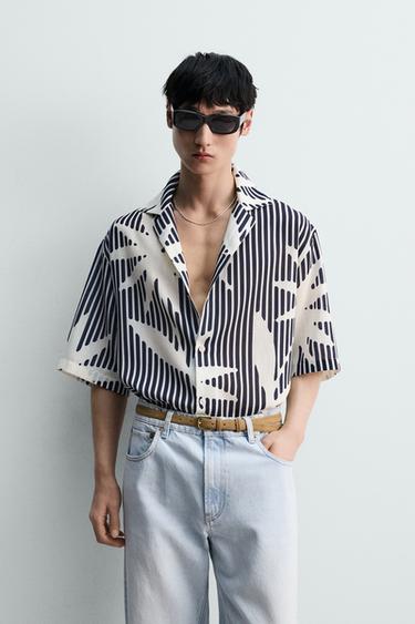 Zara 寬鬆版條紋印花襯衫 - 深海藍色