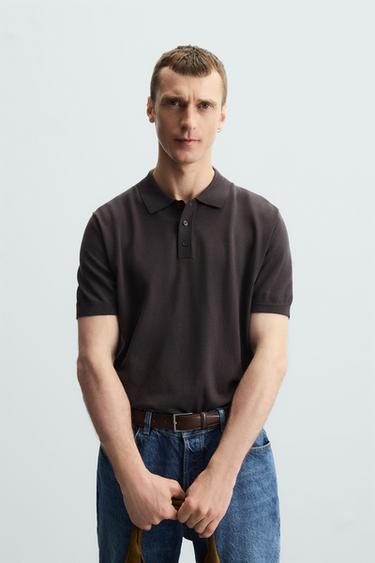 Zara KNIT COTTON - LYOCELL POLO SHIRT - Chocolate brown