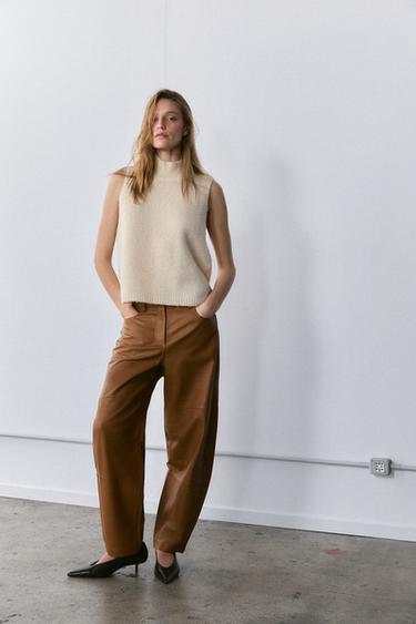ZW COLLECTION BARREL LEATHER TROUSERS - Dark beige by Zara