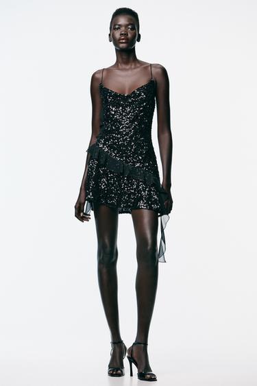 SEQUINNED RUFFLE MINI DRESS - Black by Zara