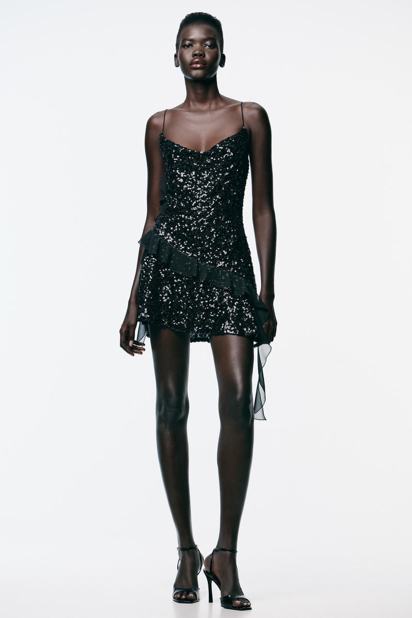 SHORT SEQUINNED DRESS WITH RUFFLE TRIMS - Black | ZARA New Zealand SHORT SEQUINNED DRESS WITH RUFFLE TRIMS - Black | ZARA New Zealand