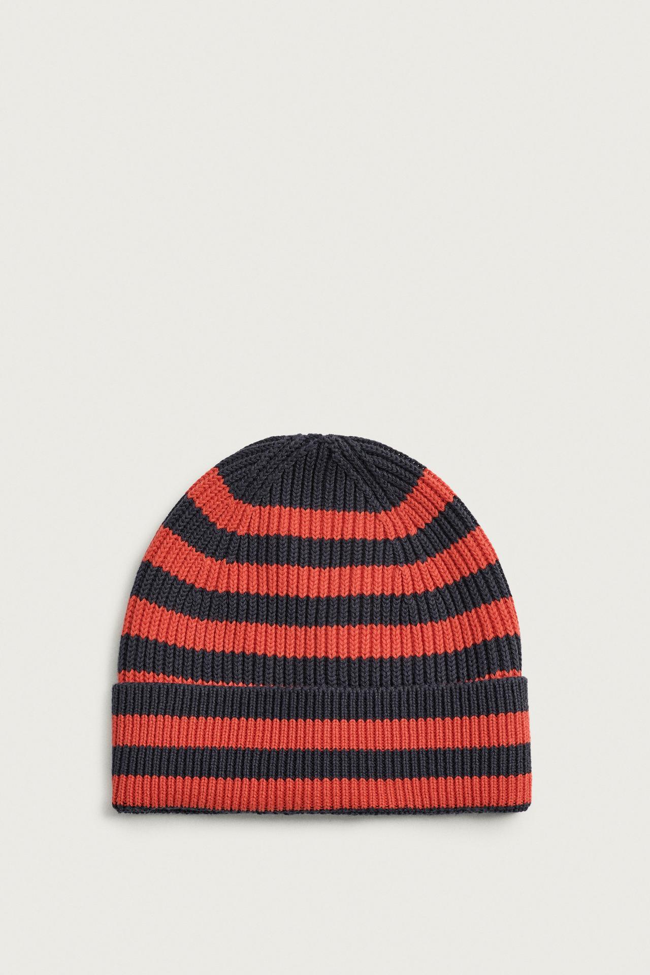 STRIPED JACQUARD KNIT BEANIE — Red / Navy