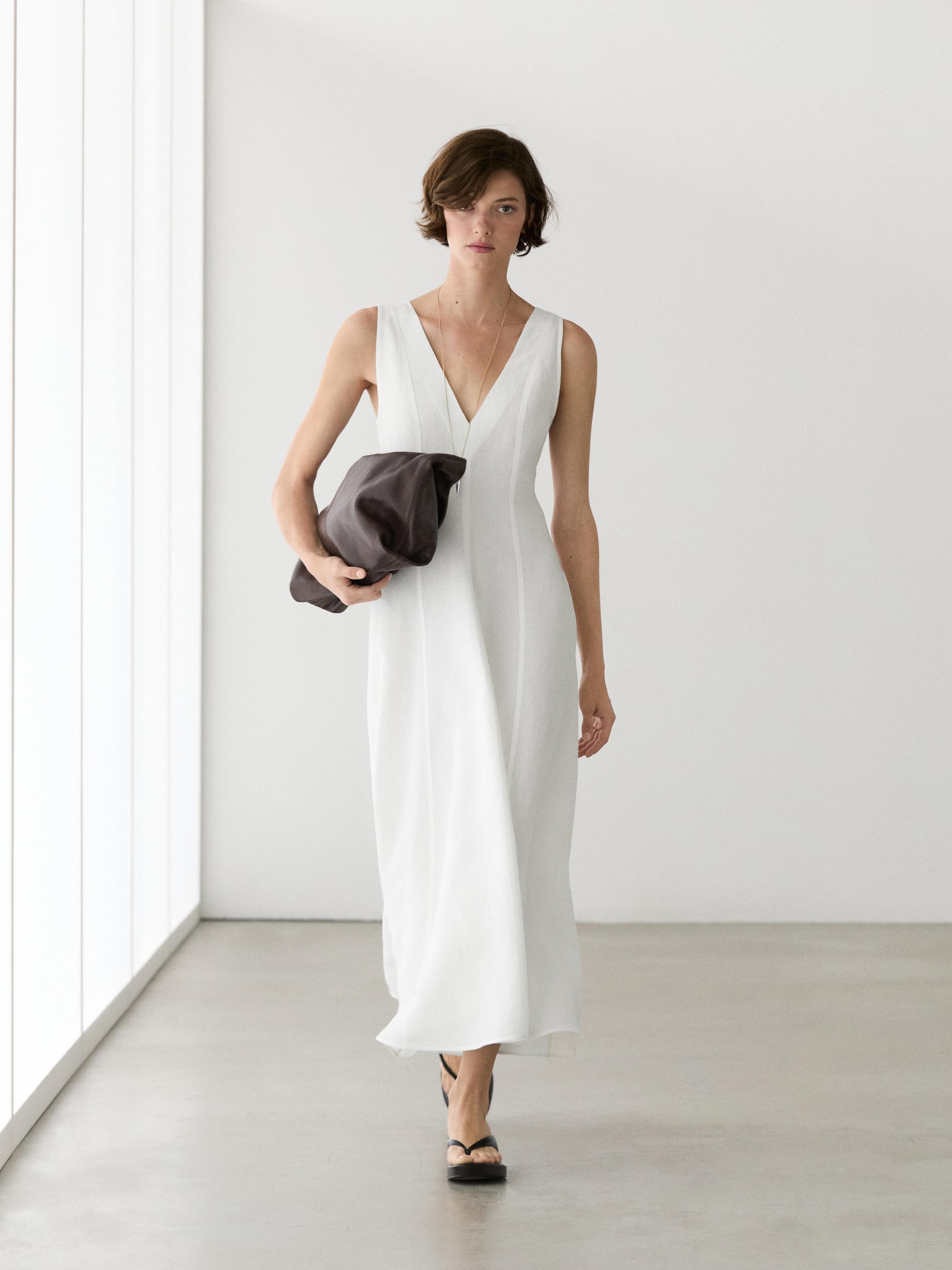 Flowing linen blend midi dress — White